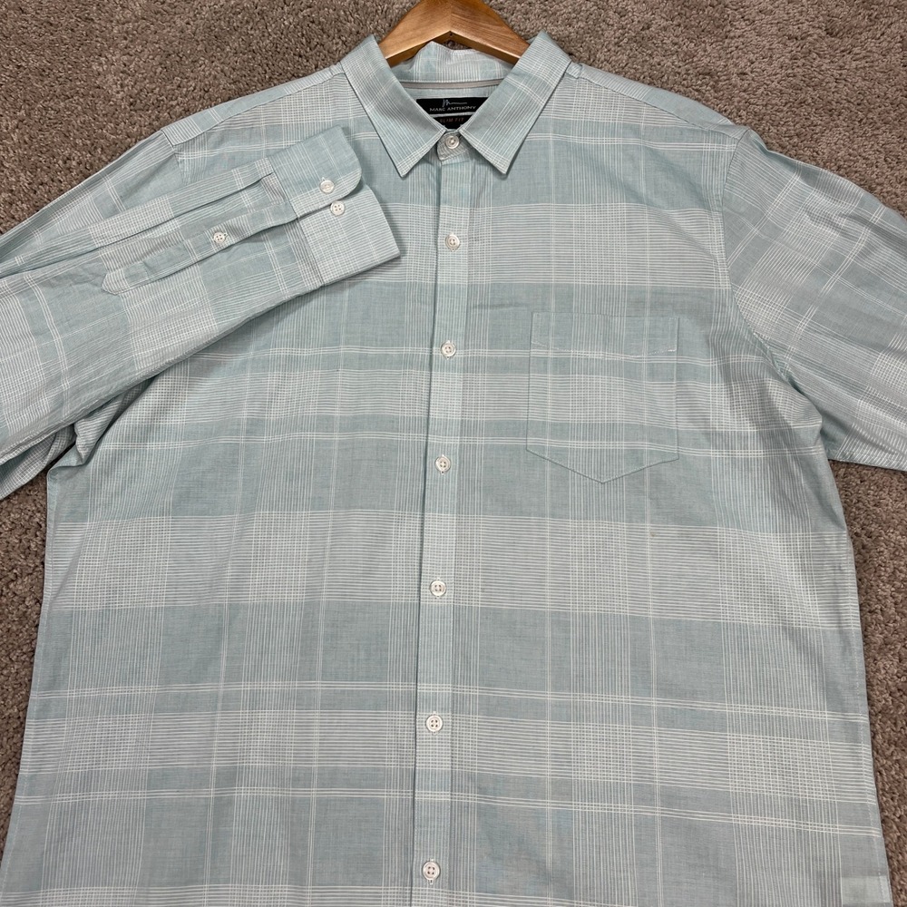 Marc Anthony Button Down Shirt Men XL Green White Plaid Long Sleeve Slim Fit EUC